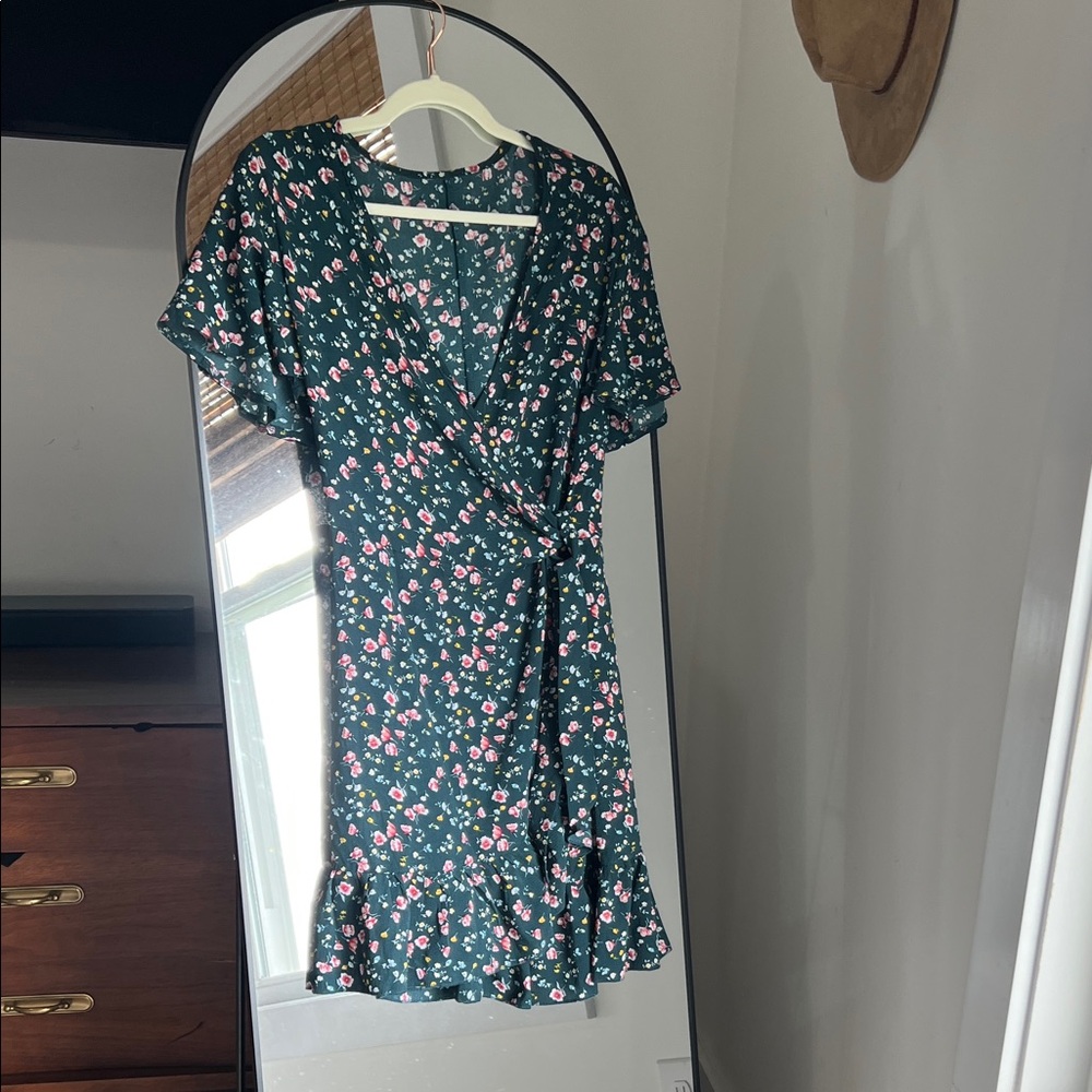 Amazon Floral Mini Dress - Dark Green with Pink Accents
